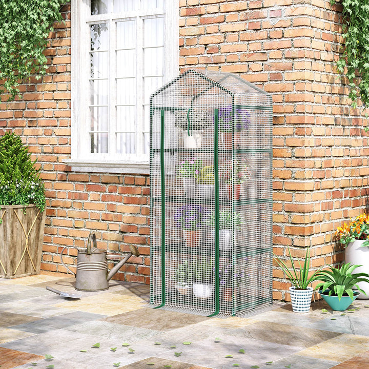 Outsunny 4 Tier Mini Greenhouse, Portable Green House with Steel Frame, PE Cover, Roll-up Door, 70 x 50 x 160 cm, White