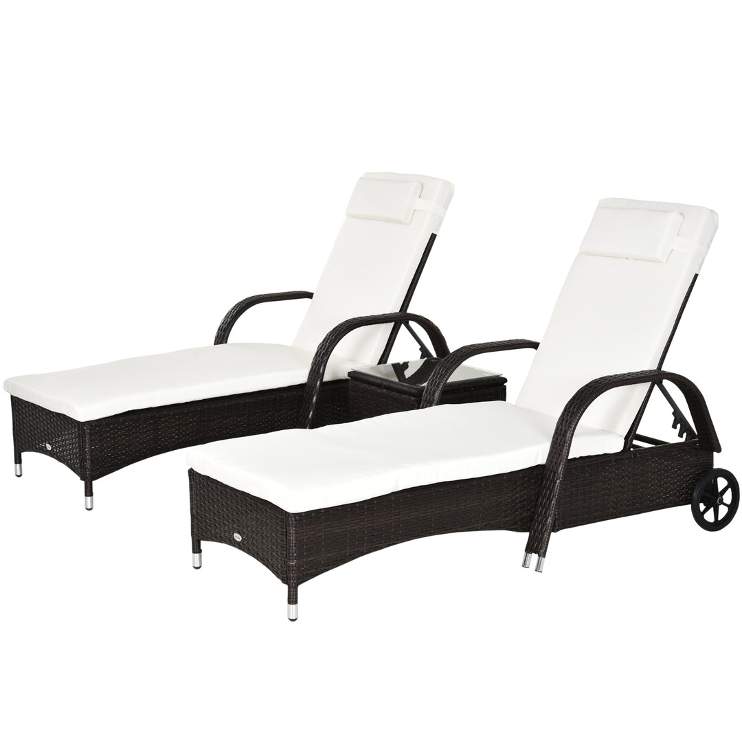 Outsunny 3 Pieces Patio Lounge Chair Set, Garden Wicker Wheeling Recliner Outdoor Daybed, PE Rattan Lounge Chairs w/Cushions & Side Coffee Table Brown