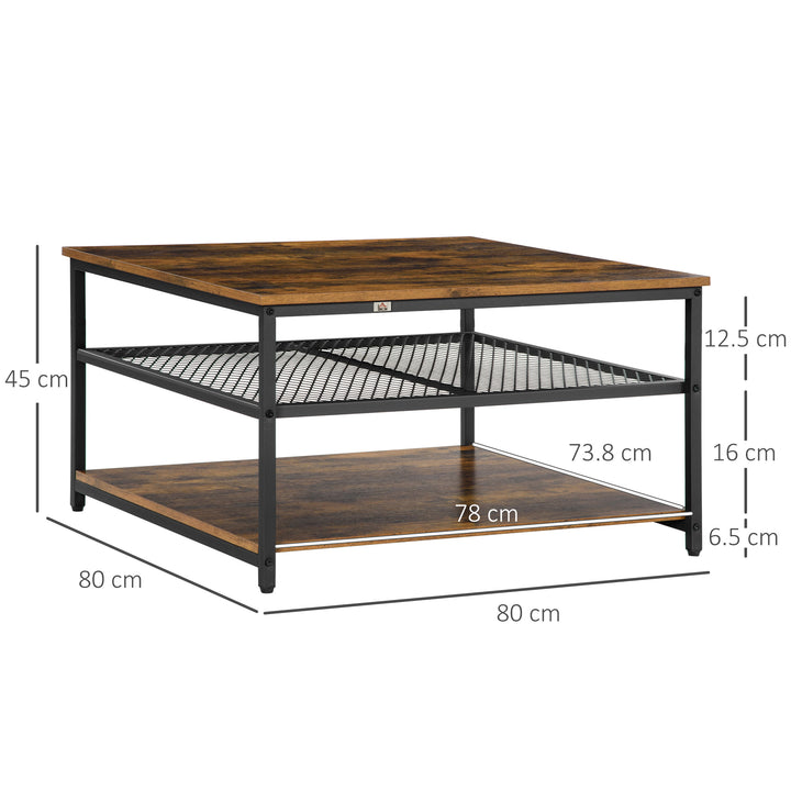 HOMCOM Industrial Coffee Table, Square Cocktail Table with 3-Tier Storage Shelves for Living Room, Rustic Brown