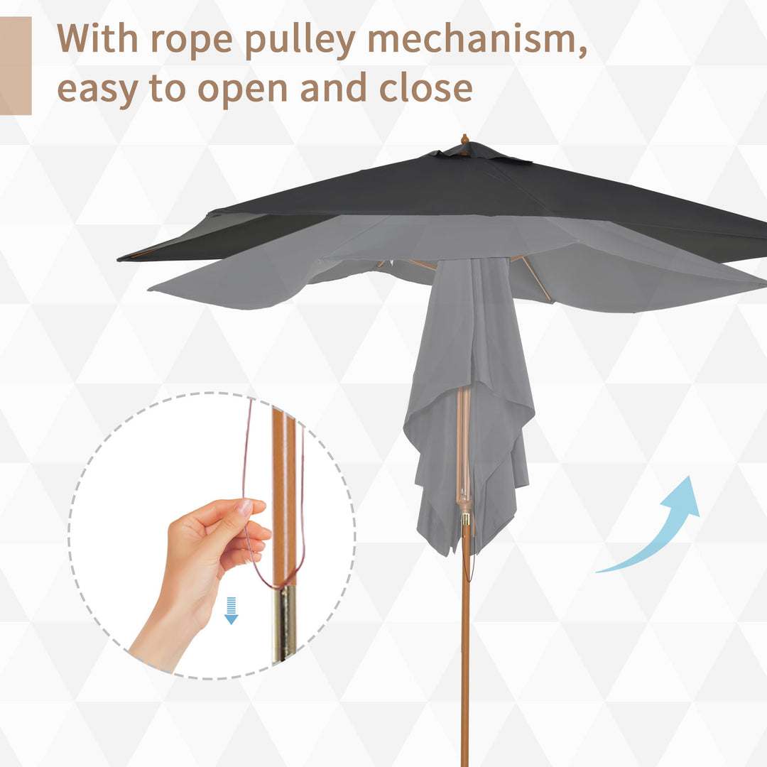 Outsunny Wooden Garden Parasol Umbrella Outdoor Sun Shade Canopy, Dark Grey,2 x 3m