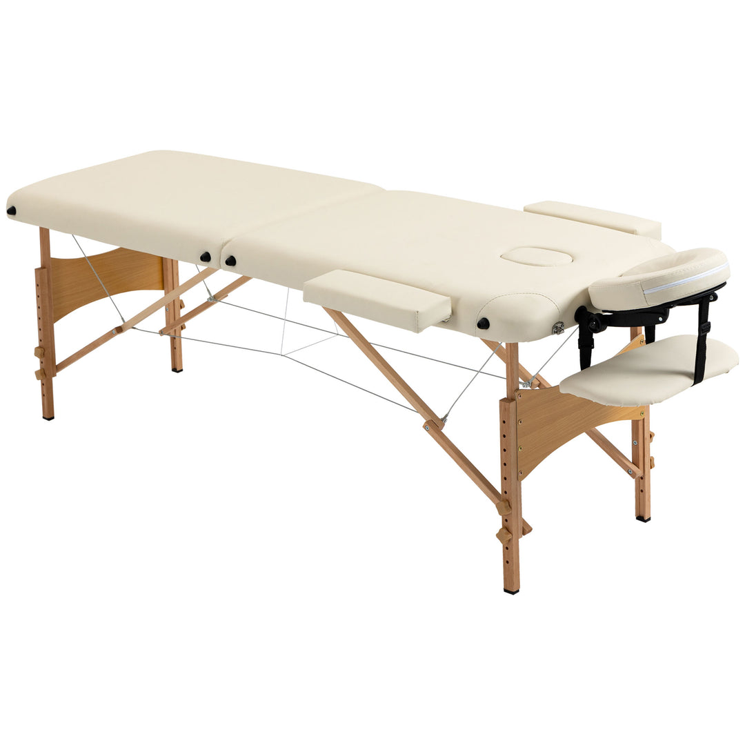 Portable Massage Bed, Folding Spa Beauty Massage Table with 2 Sections, Carry Bag and Wooden Frame, Cream