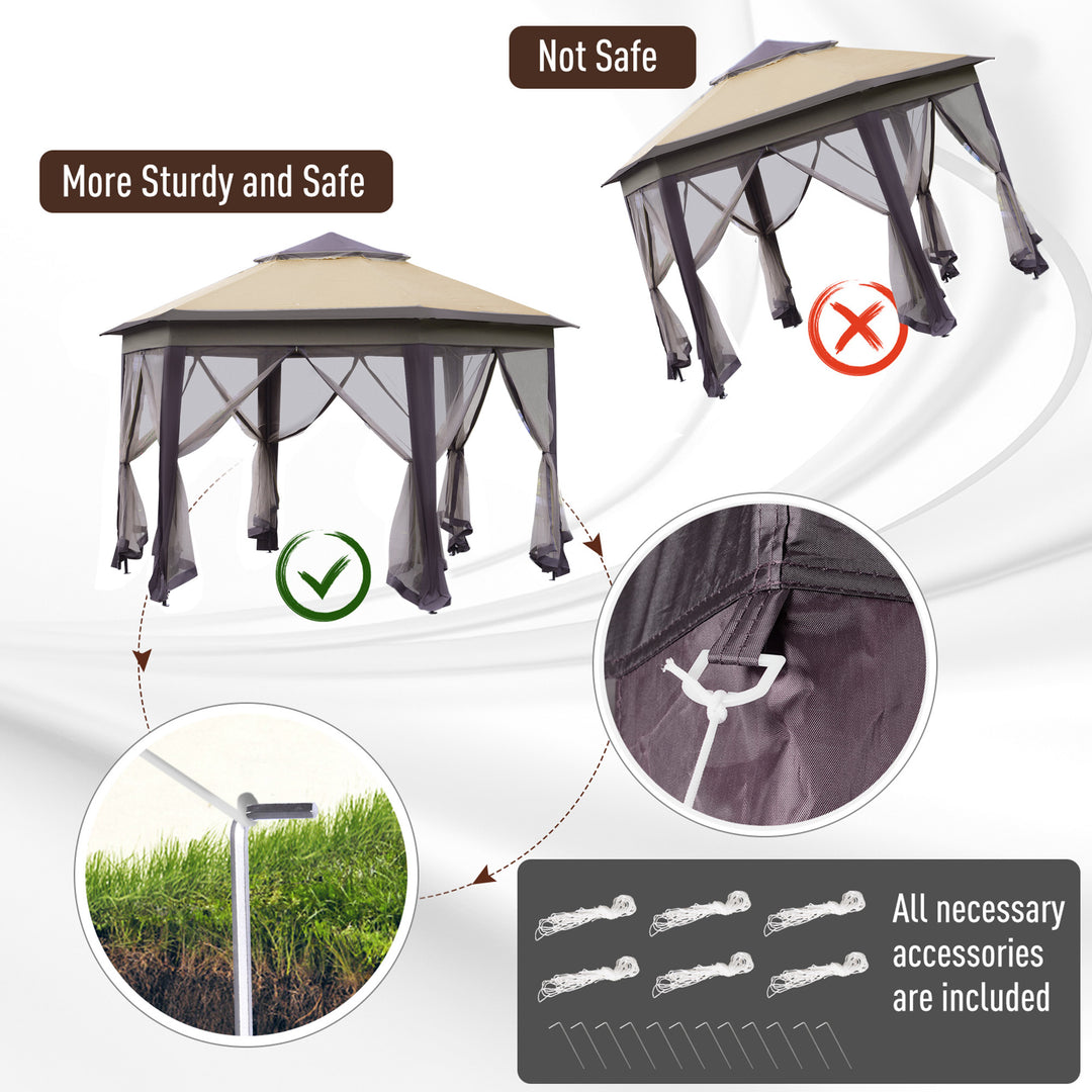 Outsunny Hexagon Patio Gazebo Pop Up Gazebo Outdoor Double Roof Instant Shelter with Netting, 4m x 4m, Beige