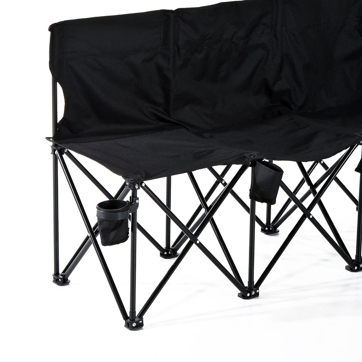 6 Seater Folding Sports Bench Outdoor Picnic Camping Portable Spectator Chair Steel Frame w/Cup Holder & Carry Bag - Black