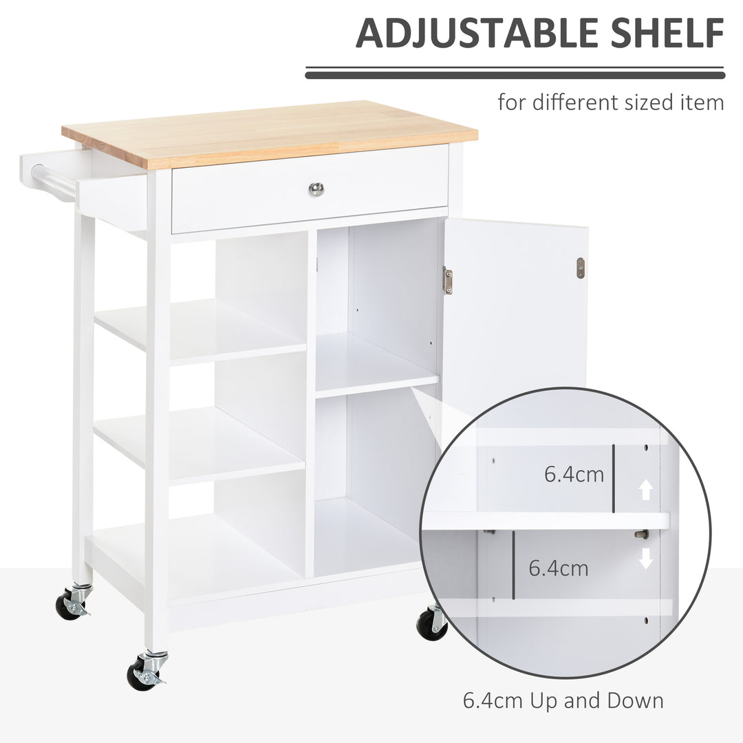 Kitchen Storage Trolley Unit w/ Wood Top 3 Shelves Cupboard Drawer Rail 4 Wheels Handles Moving Shelf Handy Spacesaver White