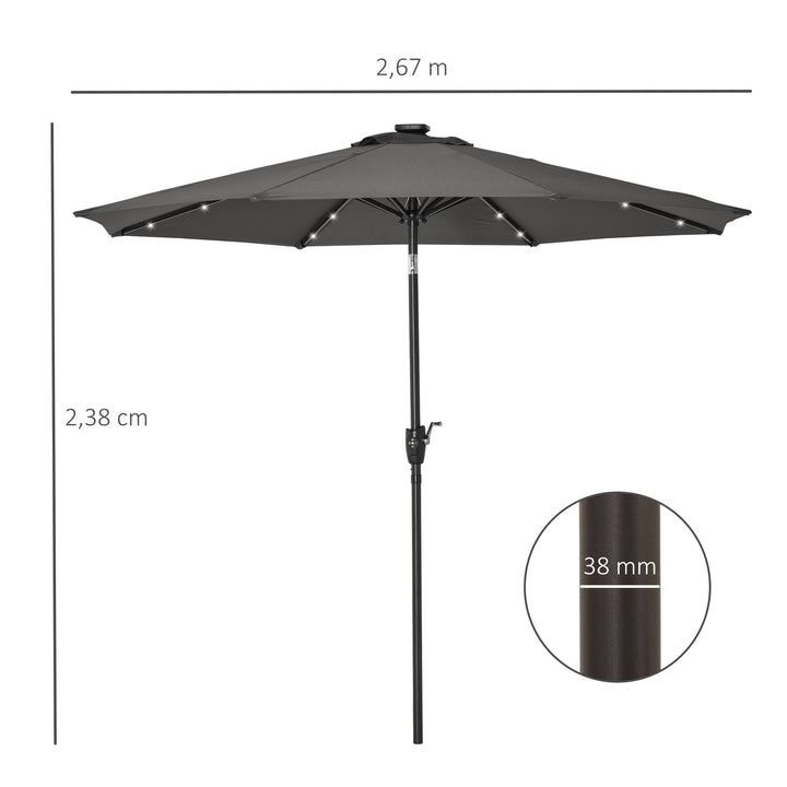 Garden 24 LED Light Parasol Outdoor Tilt Sun Umbrella Patio Club Party Event Manual Sun Shade w/ Hand Crank Grey