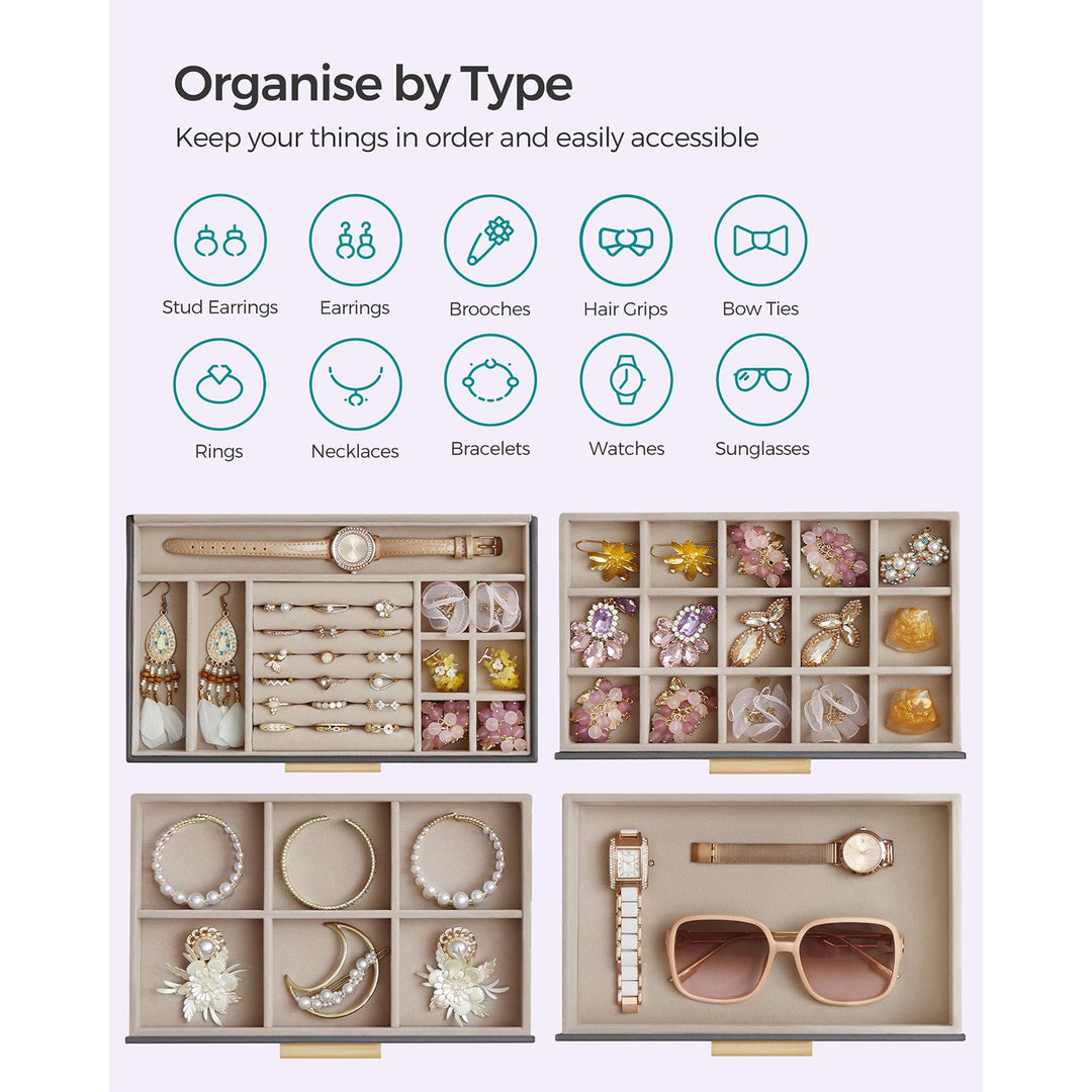 Jewellery Box with Glass Lid Grey and Gold Colour