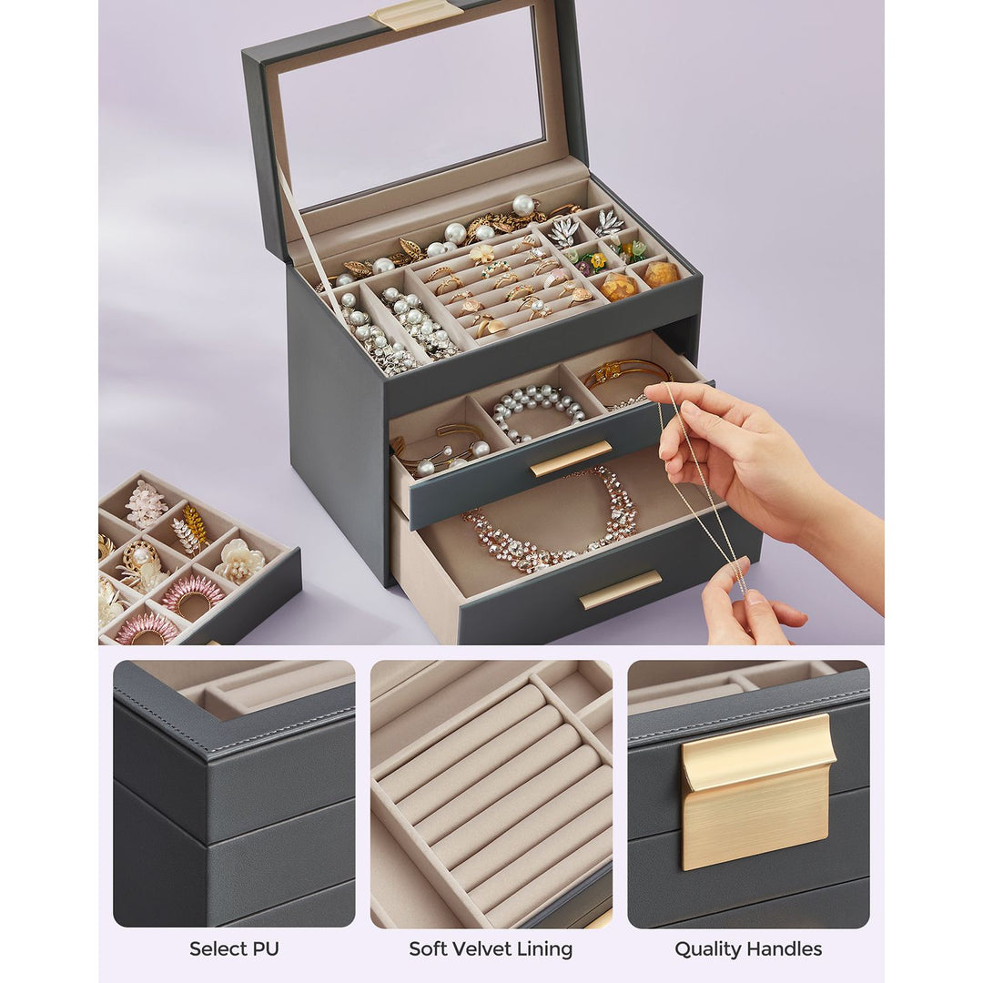 Jewellery Box with Glass Lid Grey and Gold Colour