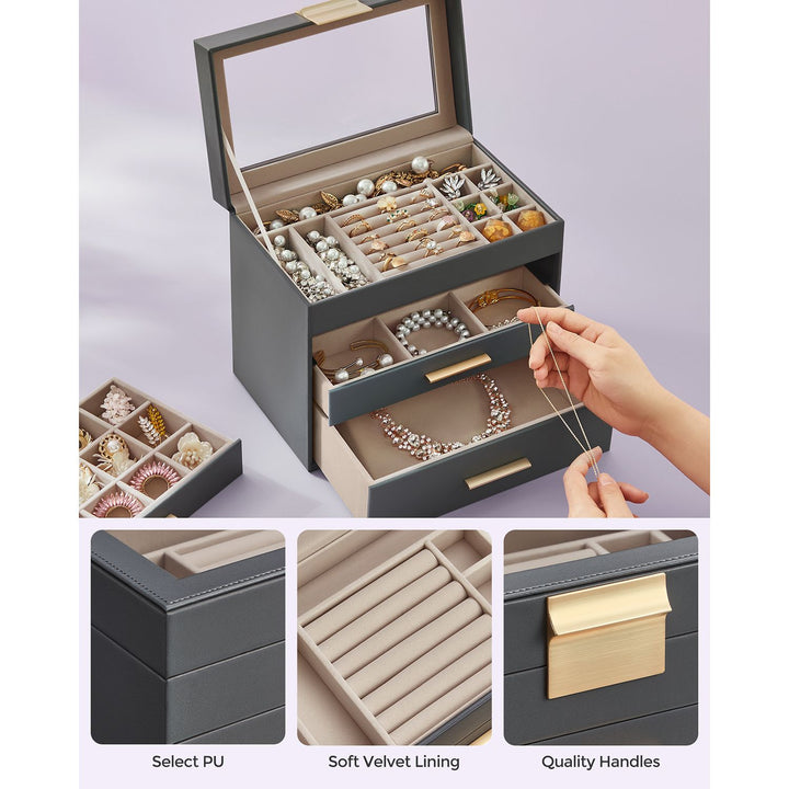Jewellery Box with Glass Lid Grey and Gold Colour