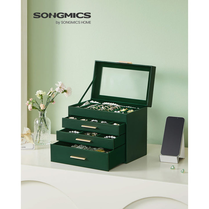 Jewellery Box with Glass Lid Forest Green and Gold Colour