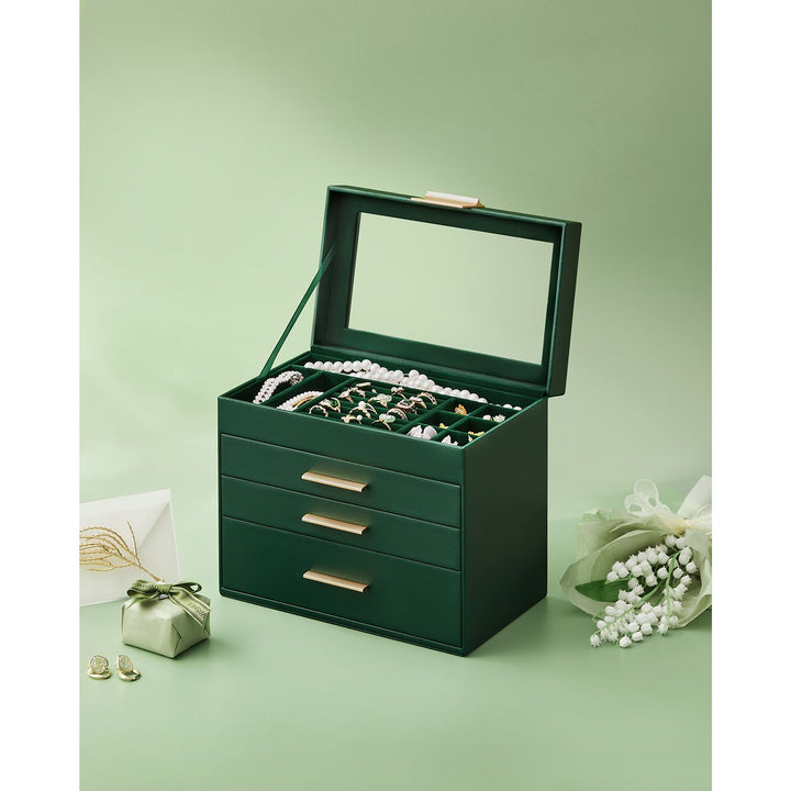 Jewellery Box with Glass Lid Forest Green and Gold Colour