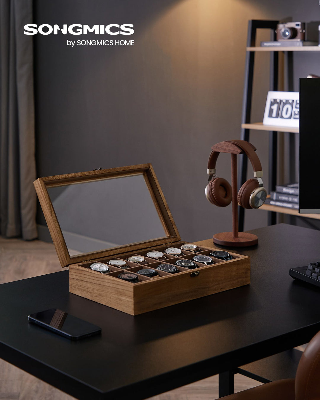 Watch Box Organiser with Glass Lid - Rustic Walnut