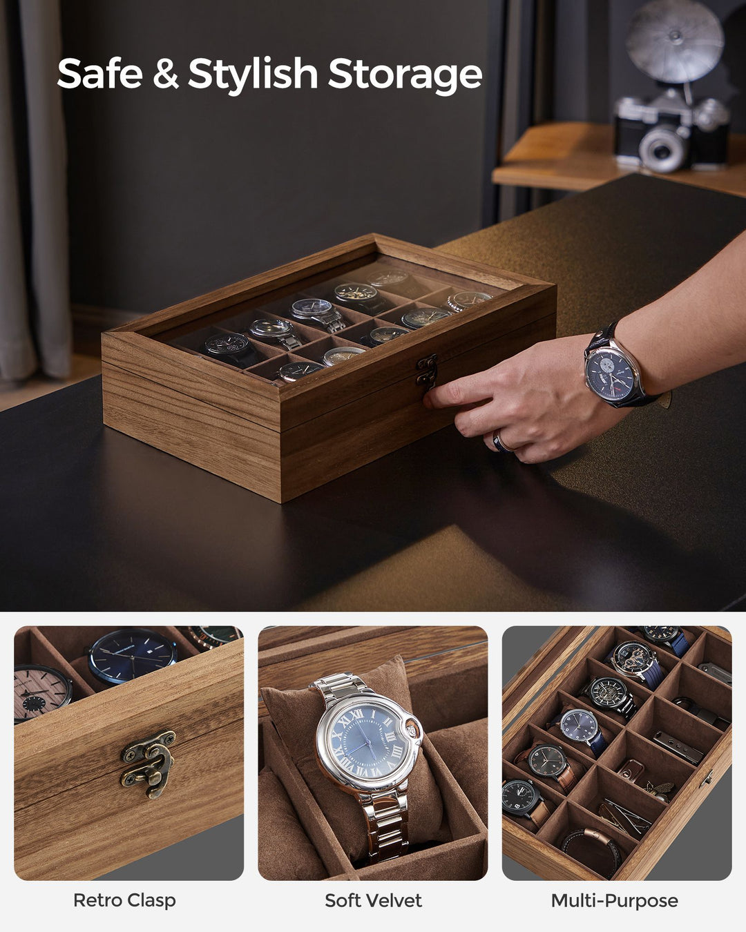 Watch Box Organiser with Glass Lid - Rustic Walnut