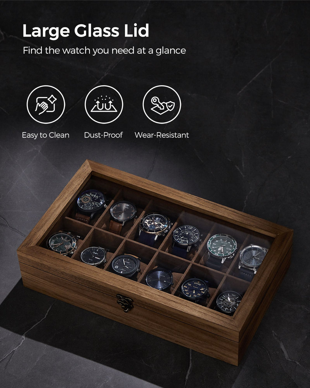 Watch Box Organiser with Glass Lid - Rustic Walnut