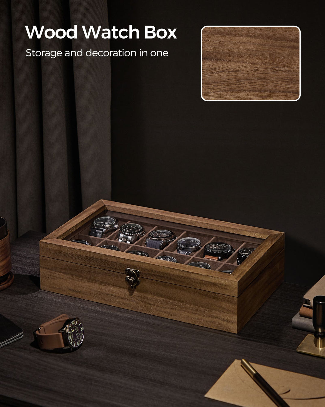 Watch Box Organiser with Glass Lid - Rustic Walnut
