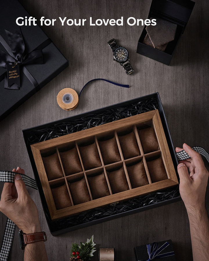Watch Box Organiser with Glass Lid - Rustic Walnut