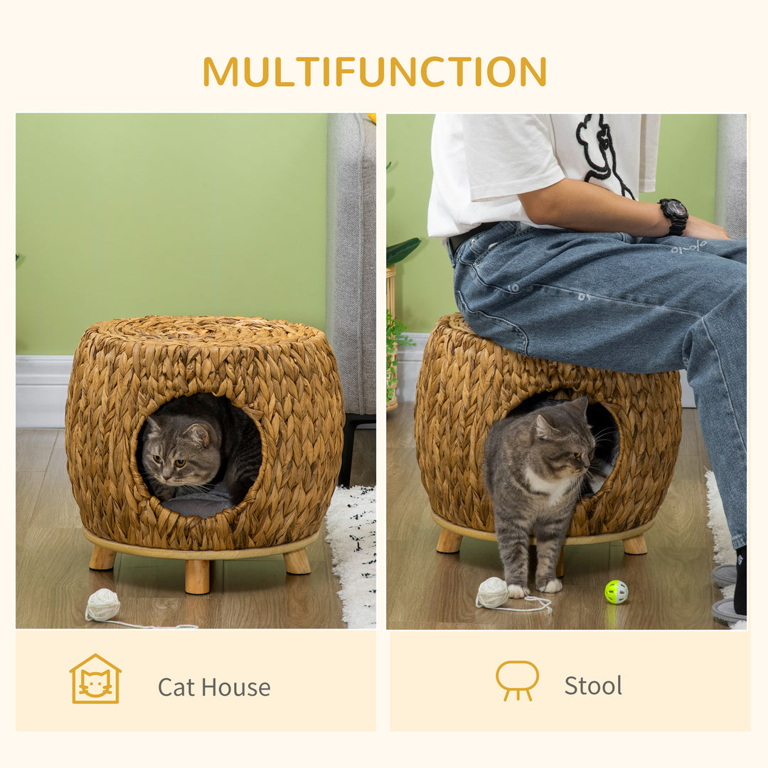 PawHut Wicker Cat Cave/House Stool with Soft Washable Cushion,Rattan Kitten Bed for Outdoor & Indoor Use, 44 x 43 x 41cm