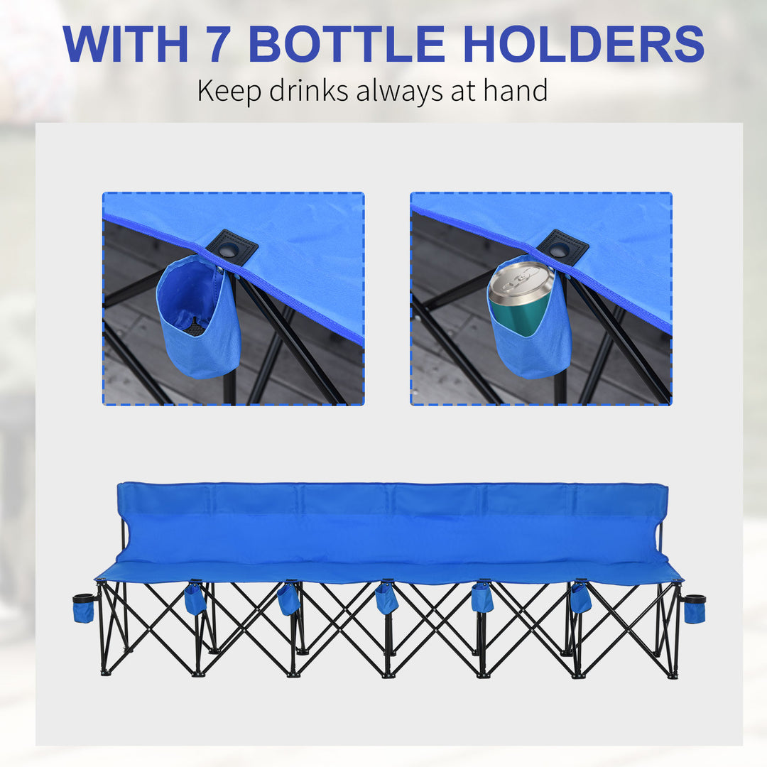 6 Seater Folding Sports Bench Outdoor Picnic Camping Portable Spectator Chair Steel Frame w/ Cup Holder & Carry Bag - Blue