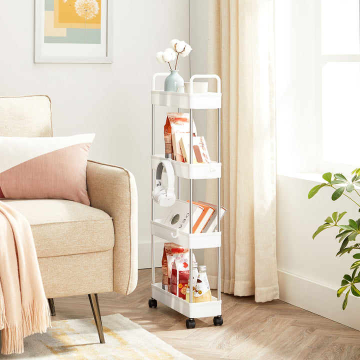 White Narrow Storage Cart with 4 Baskets & Handle