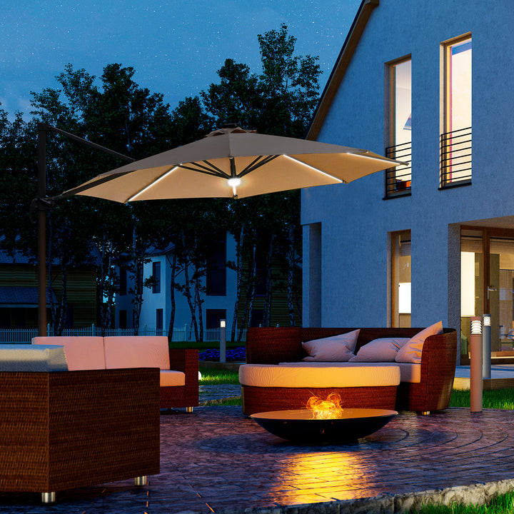 Outsunny 3(m) Cantilever Roma Parasol Garden Sun Umbrella with LED Solar Light Cross Base 360° Rotating, Brown