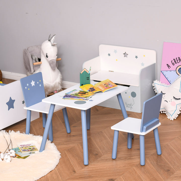 HOMCOM Kids Table and Chairs Set 3 Pieces 1 Table 2 Chairs Toddler Wooden Multi-usage Easy Assembly Star Image Ornament Blue and White