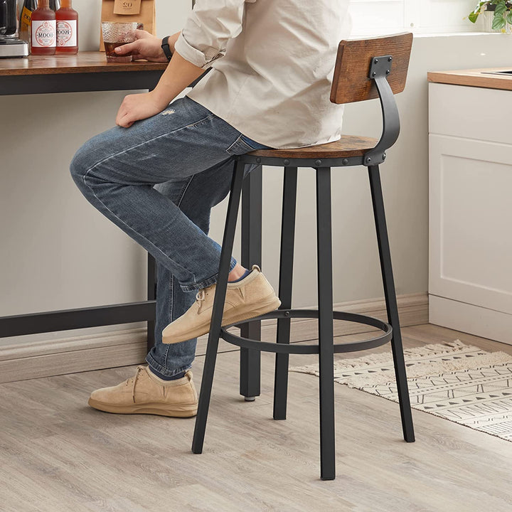Set of 2 Industrial Brown Bar Stools with Backrests