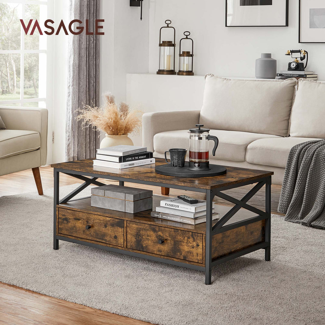 Industrial Brown Coffee Table with Drawers