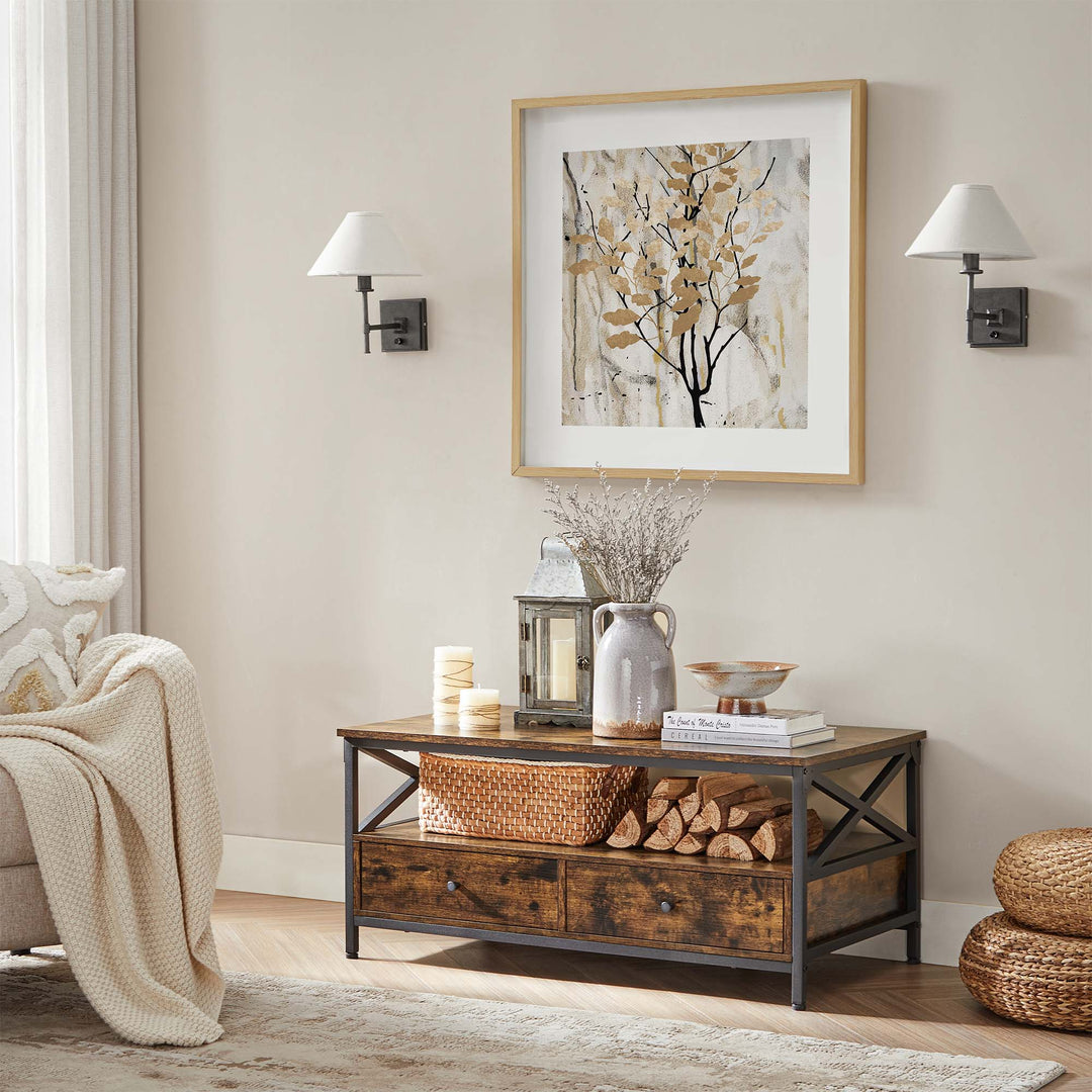 Industrial Brown Coffee Table with Drawers
