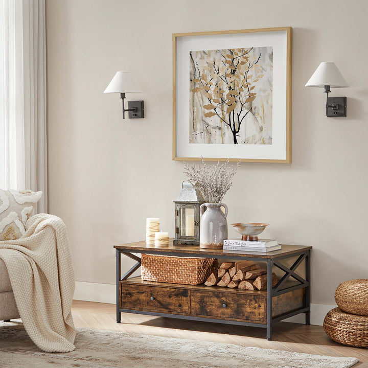 Industrial Brown Coffee Table with Drawers
