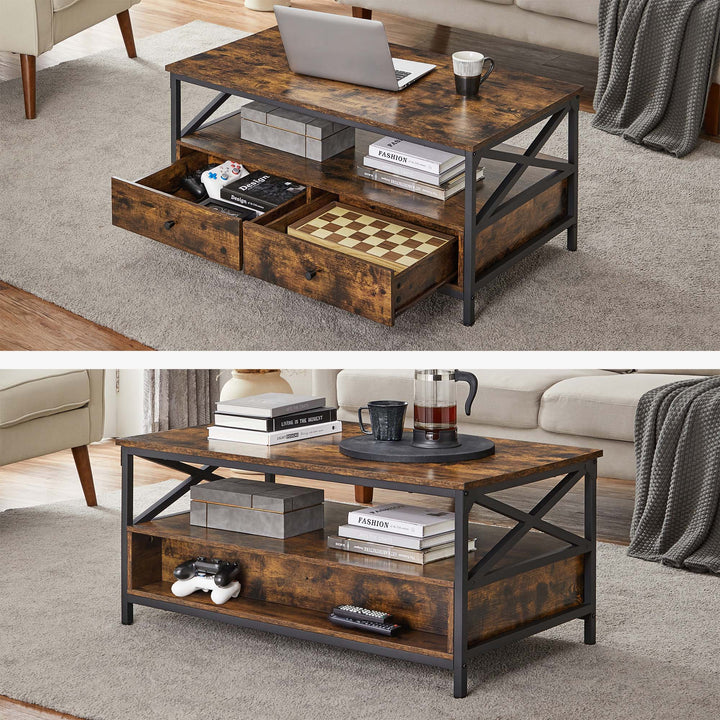 Industrial Brown Coffee Table with Drawers