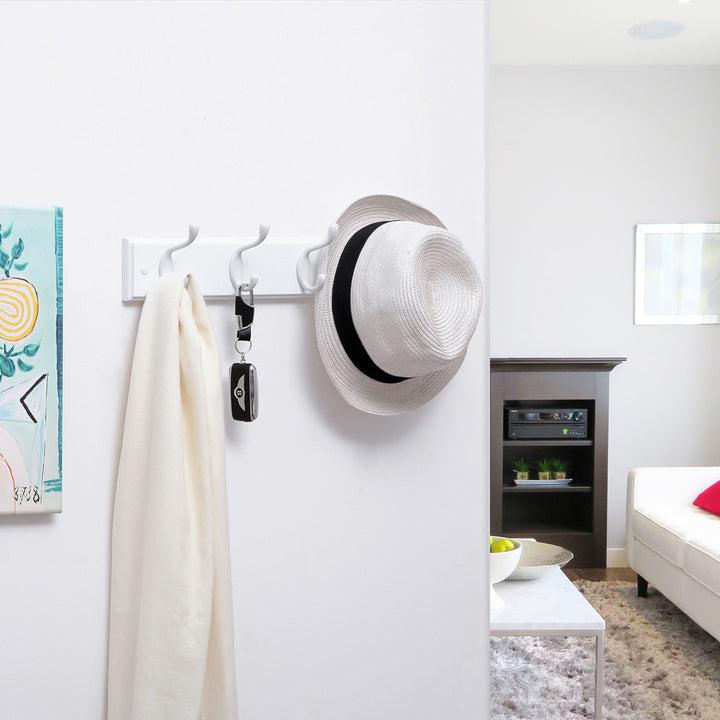 White Wall-Mounted Coat Rack with 4 Metal Hooks