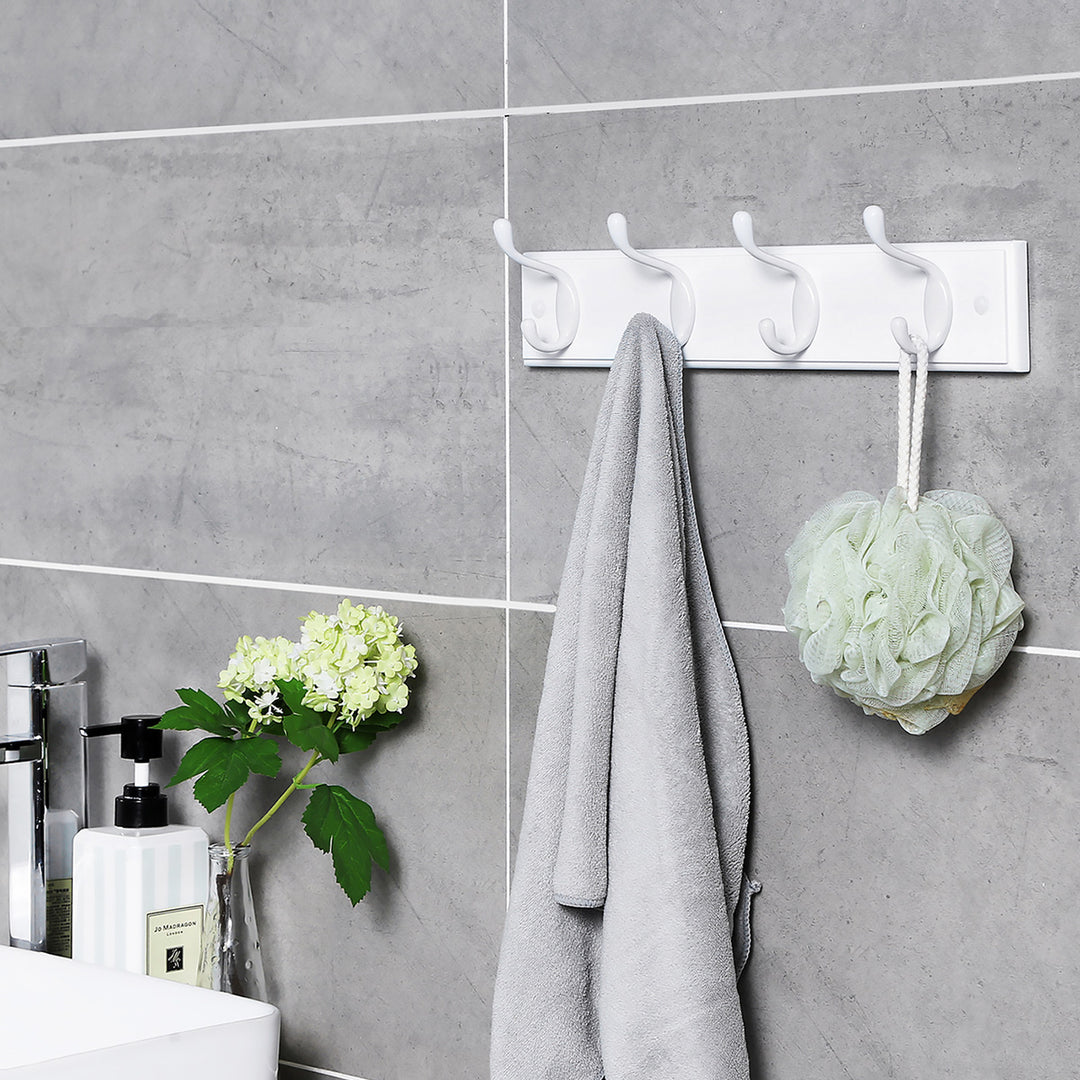 White Wall-Mounted Coat Rack with 4 Metal Hooks