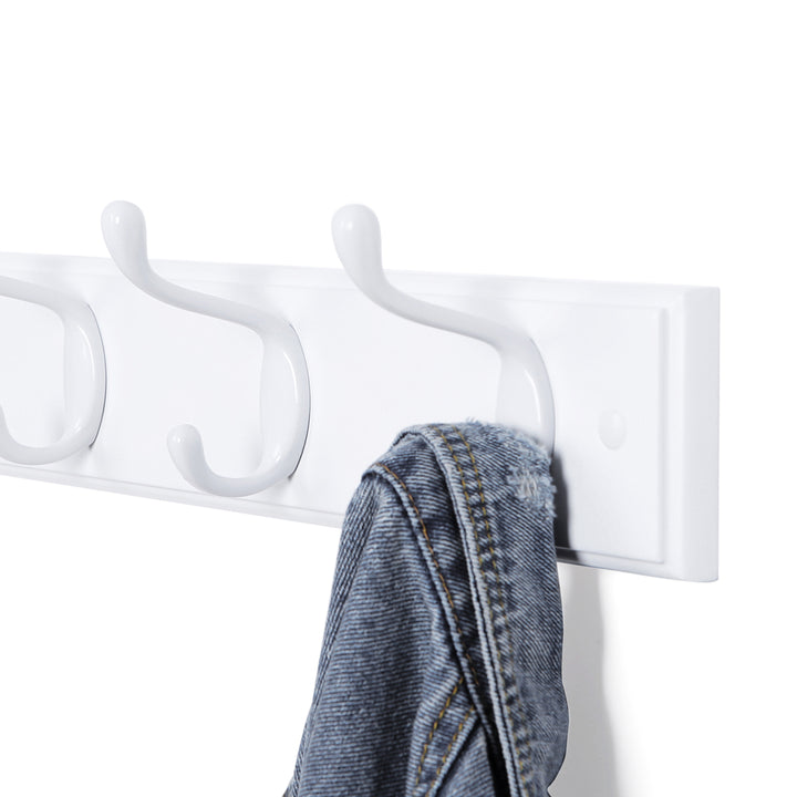 White Wall-Mounted Coat Rack with 4 Metal Hooks