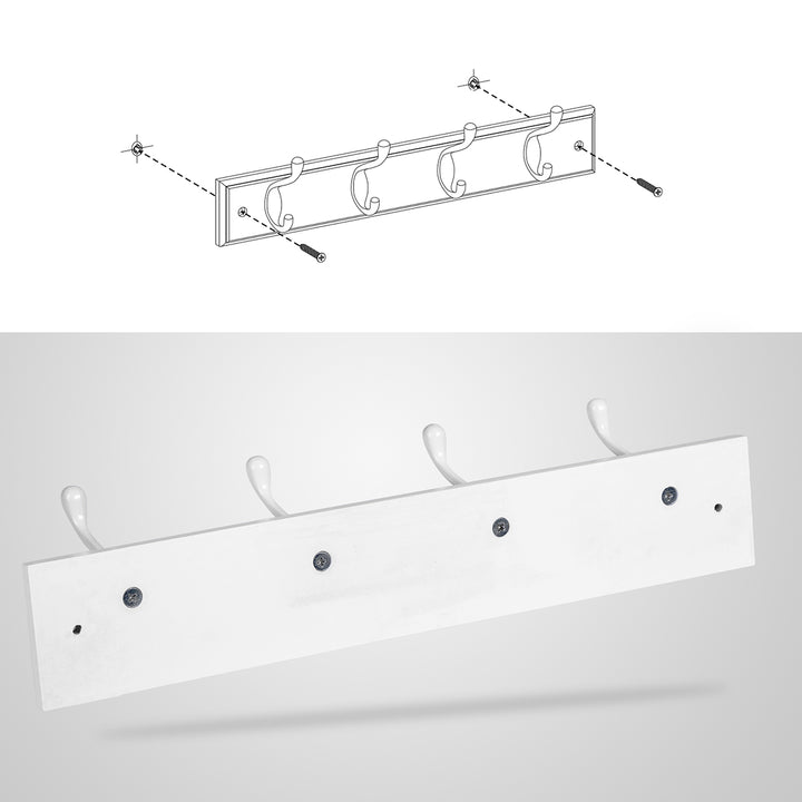 White Wall-Mounted Coat Rack with 4 Metal Hooks