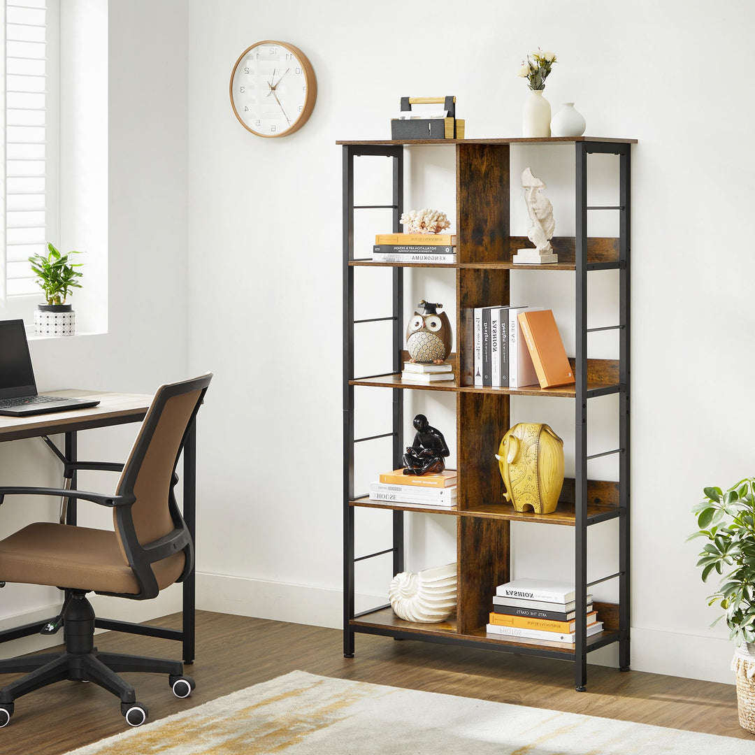 Industrial Brown 4-Layer Bookshelf with Compartment