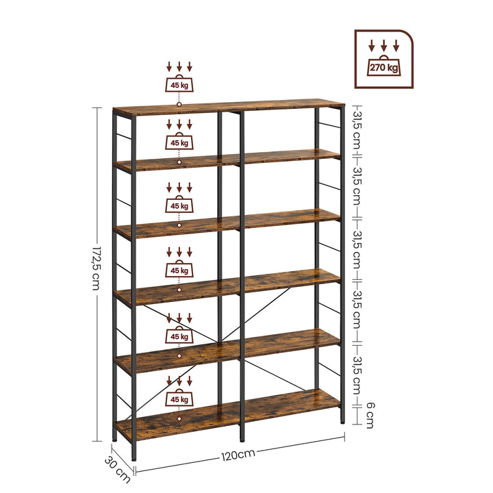 6-Tier Bookshelf Rustic Brown and Black 30 x 120 x 172.5 cm