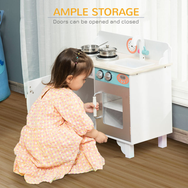 HOMCOM Kids Wooden Toy Kitchen Play Cooking Set Pretend Role Playset, with Sink Faucet, Cooking Bench, Stainless Steel Pot for 3-6 Years