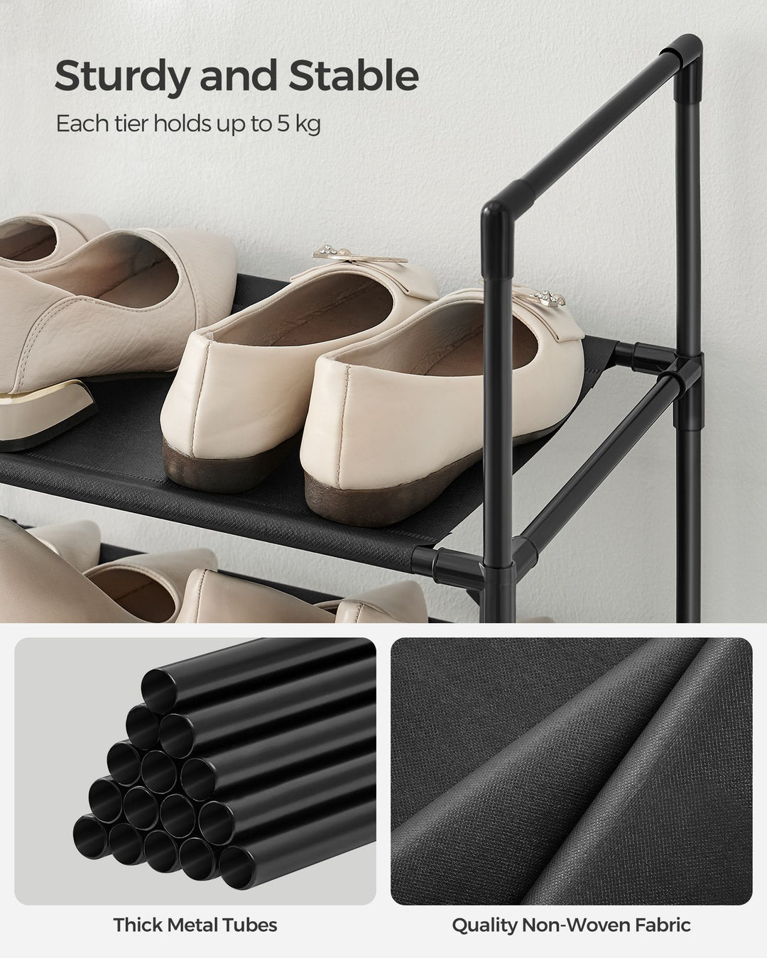 Shoe Rack with Non-Woven Fabric Shelves and Metal Frame