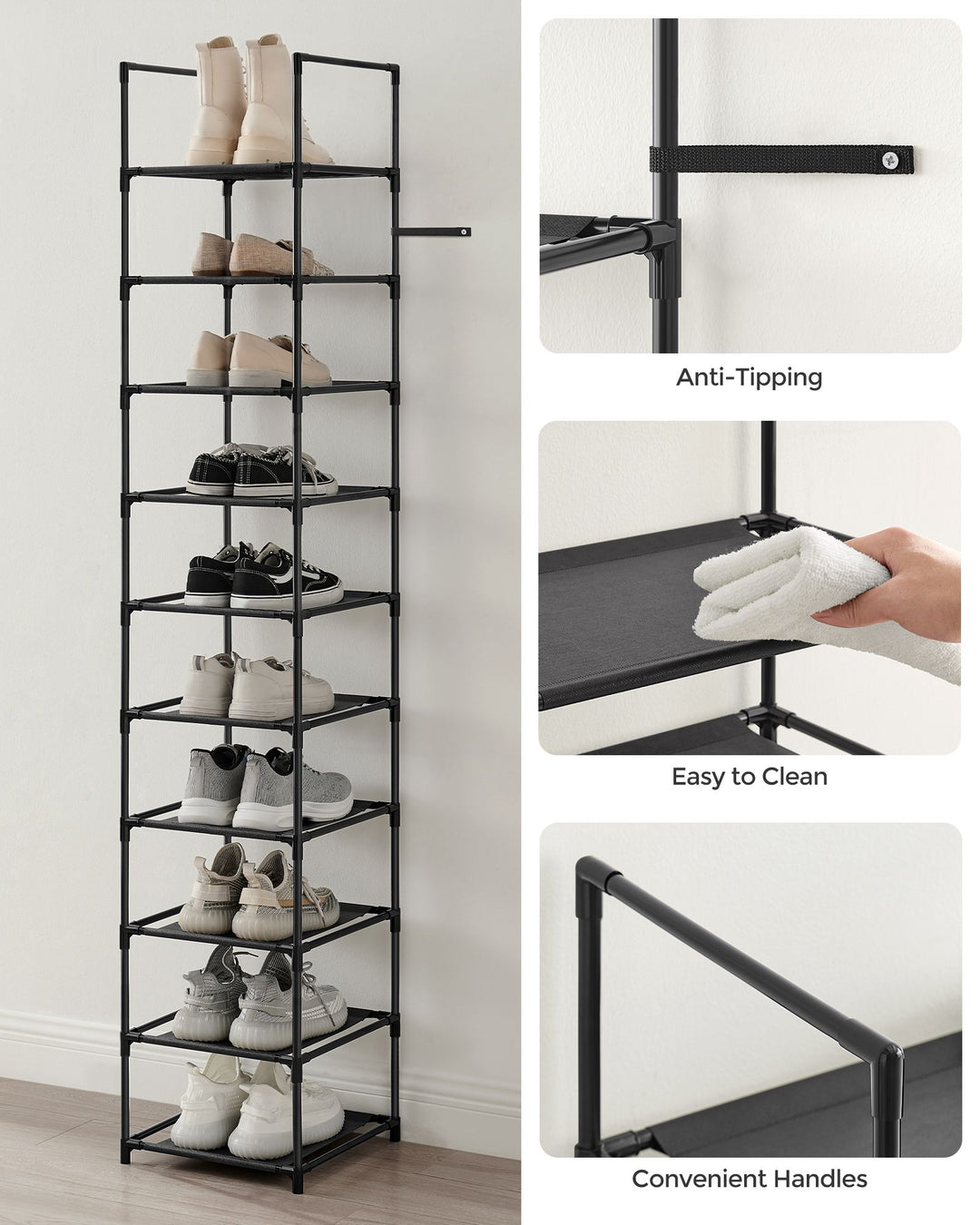 Shoe Rack with Non-Woven Fabric Shelves and Metal Frame