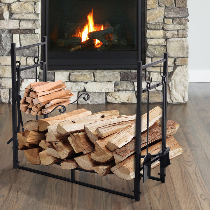 Outsunny Firewood Stand Log Rack Holder 84cm with 4-PC Fireplace Tools Set, Indoor Outdoor, Metal, Black