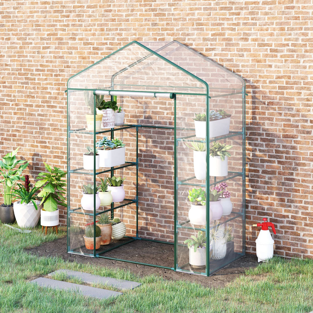 Outsunny 4 Tiers 8 Shelves Metal Frame Walk in Portable Greenhouse Transparent 143 L x 73W x 195H cm