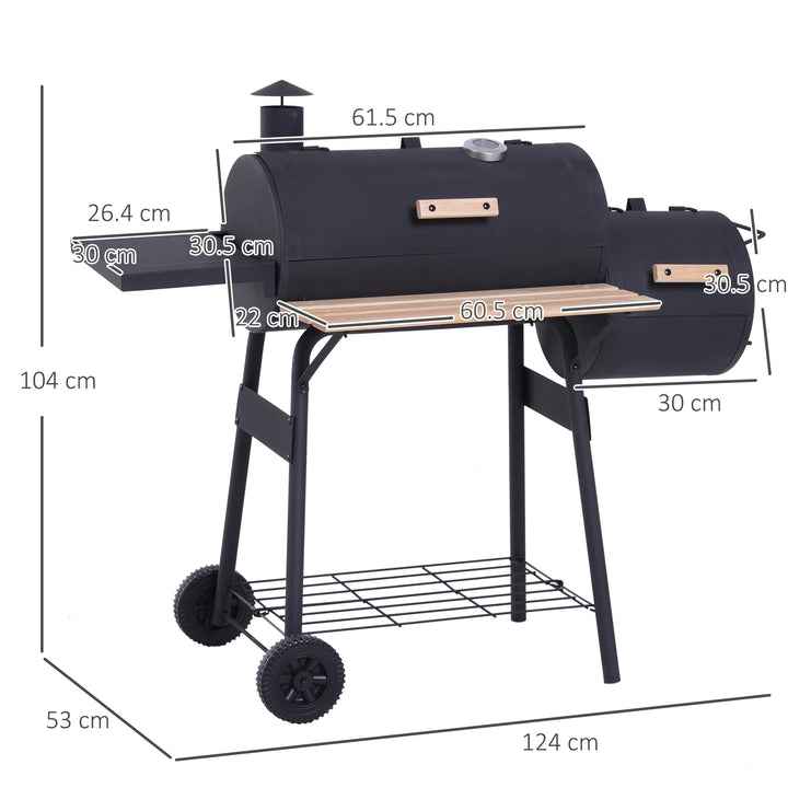 Charcoal Barbecue Grill Garden Portable BBQ  Trolley w/ Offset Smoker Combo, Handy Shelves and On-lid Thermometer