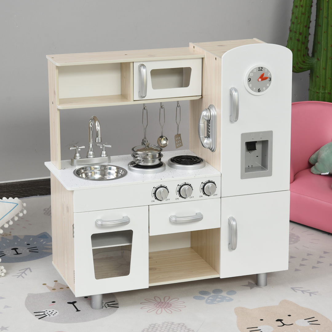 HOMCOM Kids Kitchen Playset Luxury Kitchen Accessories Set Pretend Cooking Set with Telephone Ice Machine, White