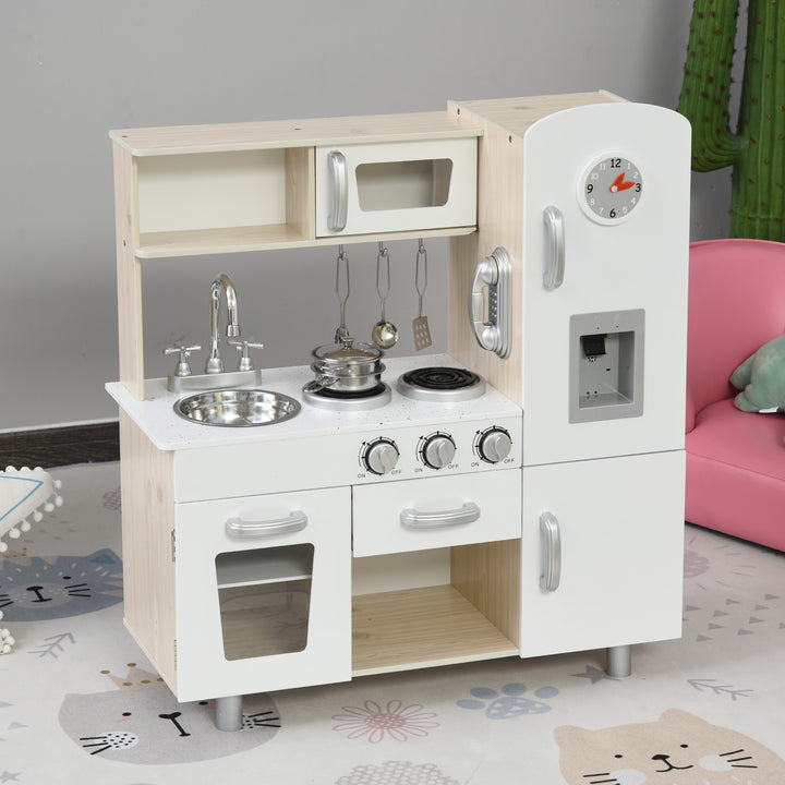 HOMCOM Kids Kitchen Playset Luxury Kitchen Accessories Set Pretend Cooking Set with Telephone Ice Machine, White