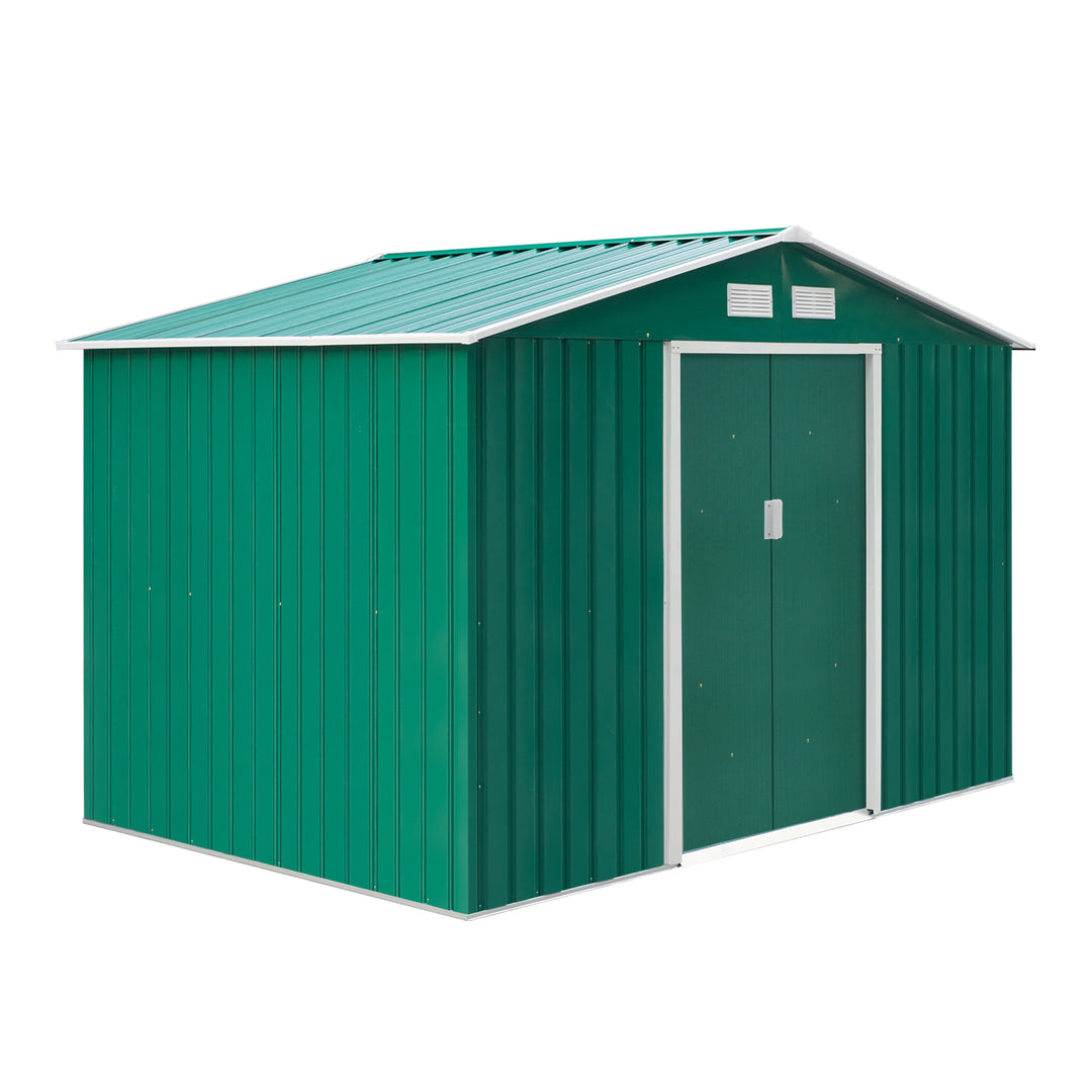 Outsunny Lockable Garden Shed Large Patio Tool Metal Storage Building Foundation Sheds Box Outdoor Furniture (9 x 6 FT, Green)