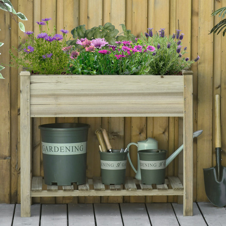 Outsunny Garden Wooden Planters, Raised Garden Bed with Legs and Storage Shelf, Gardening Standing Growing Bed Flower Boxes for Backyard, Balcony