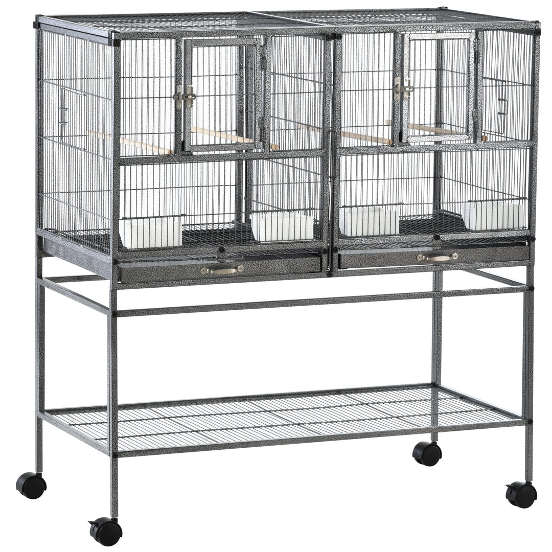 Double Rolling Metal Bird Cage Parrot Cage with Removable Metal Tray, Storage Shelf with Food Container