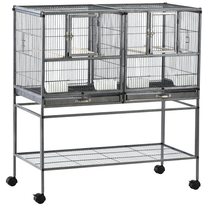 Double Rolling Metal Bird Cage Parrot Cage with Removable Metal Tray, Storage Shelf with Food Container