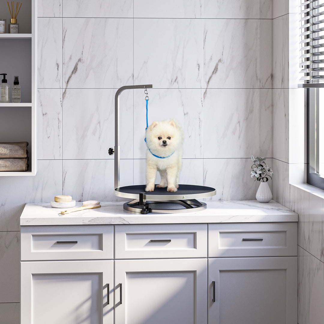 PawHut Rotatable Pet Grooming Tablewith Adjustable Arm Non-Slip Tabletop Locking System Aluminium Steel Frame Safety Leash Φ55 Black