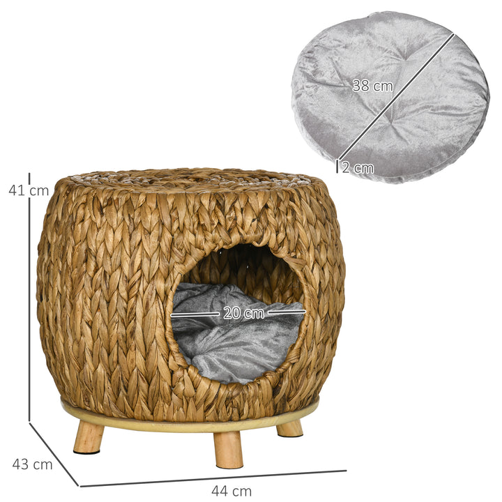 PawHut Wicker Cat Cave/House Stool with Soft Washable Cushion,Rattan Kitten Bed for Outdoor & Indoor Use, 44 x 43 x 41cm