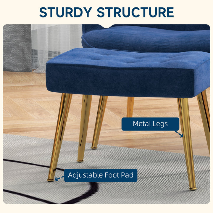 Upholstered Armchair with Footstool Set, Modern Button Tufted Accent Chair with Gold Tone Steel Legs, Wingback Chair for Living Room, Bedroom, Home Study, Dark Blue